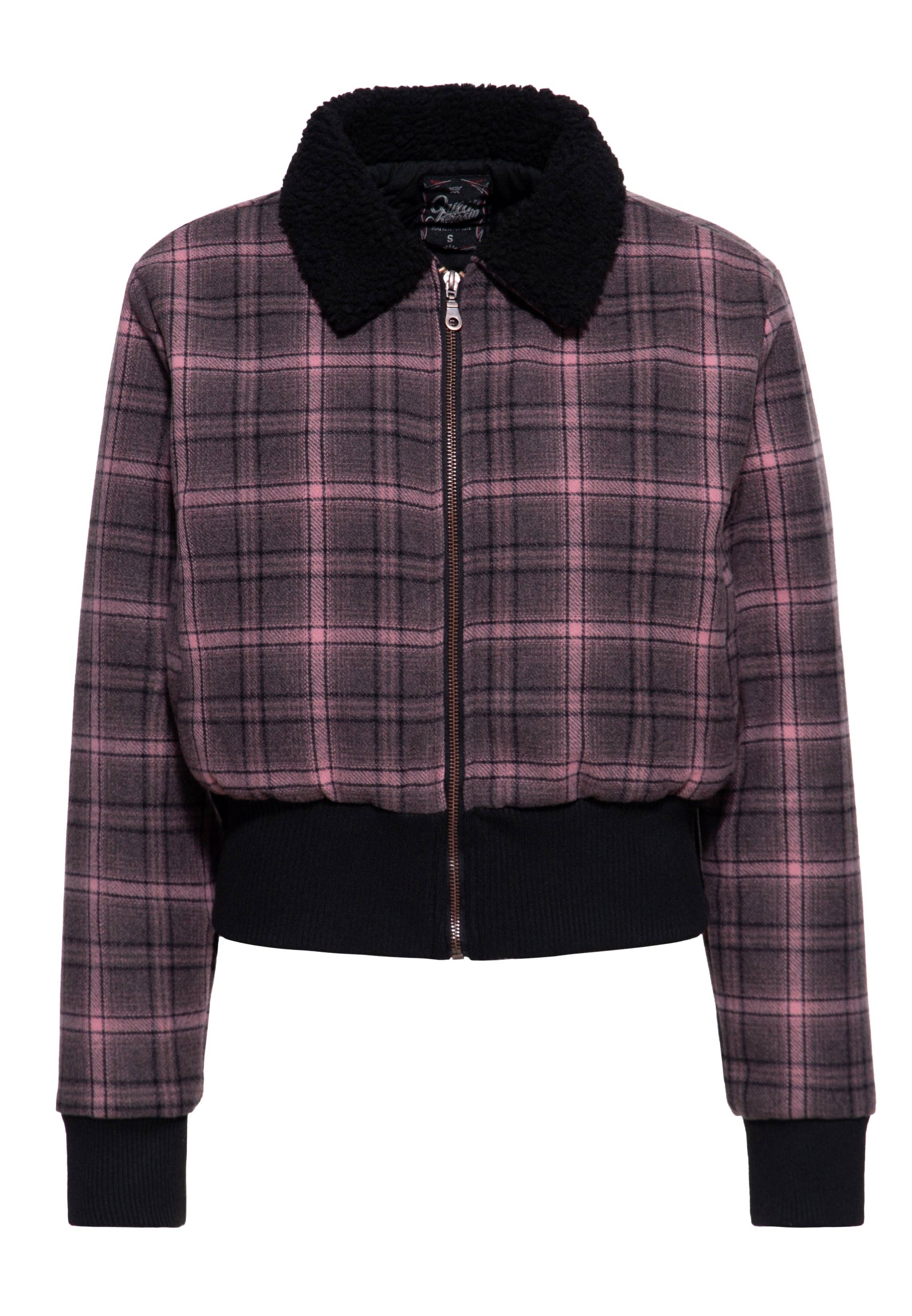 Queen Kerosin Flanell Fliegerjacke im Karomuster mit schwarzem Teddykragen, Steppfutter und kurzem femininem Schnitt