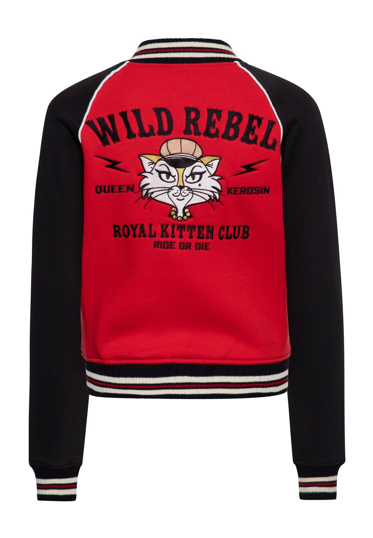 Queen Kerosin «Wild Rebel» Katzenmotiv Ride or Die Oldschool Retro Collegejacke - Rot