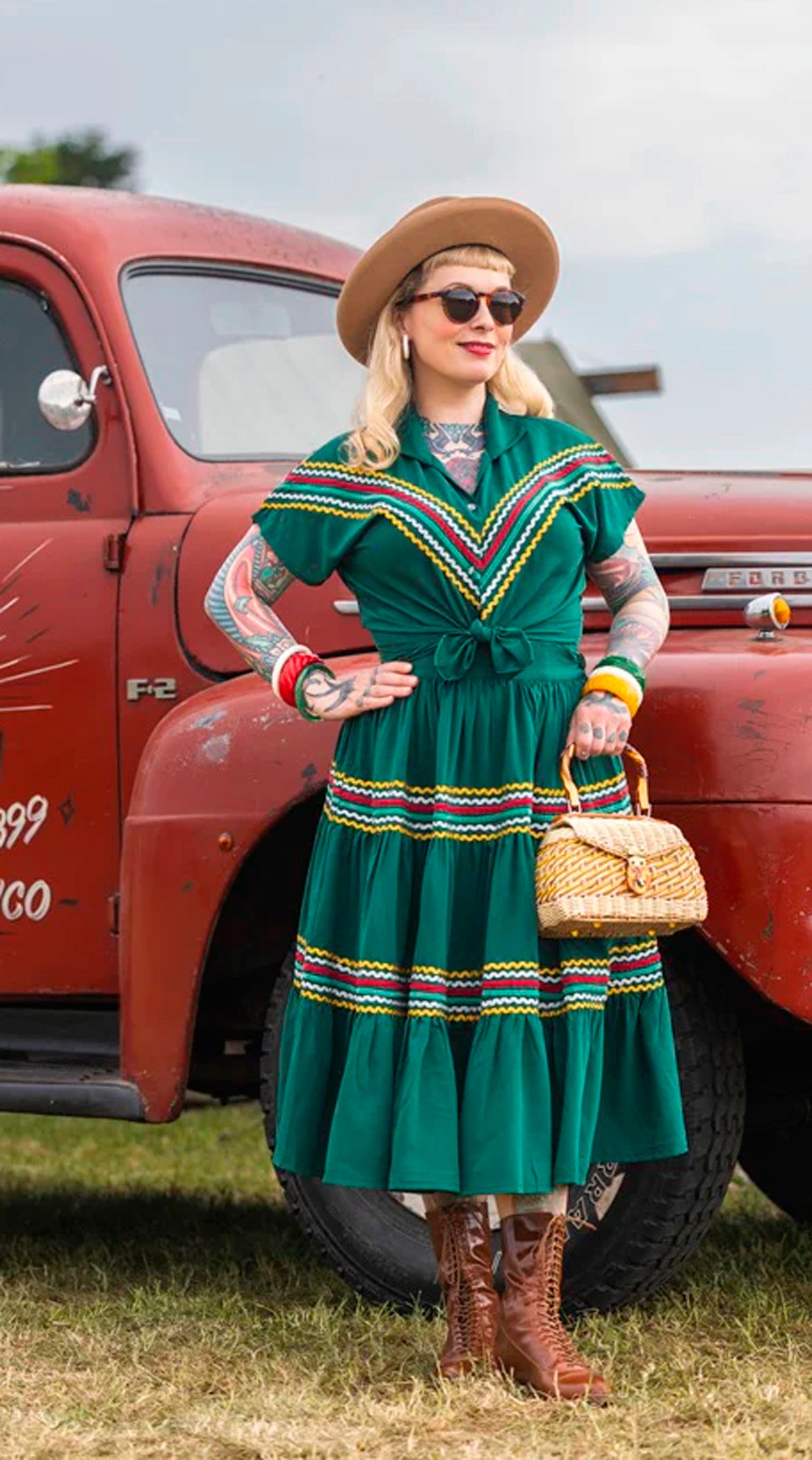 Rock N Romance «The Western» Vintage Folklore Patio 50s Zig Zag 2pc Set Rock + Bluse - Grün