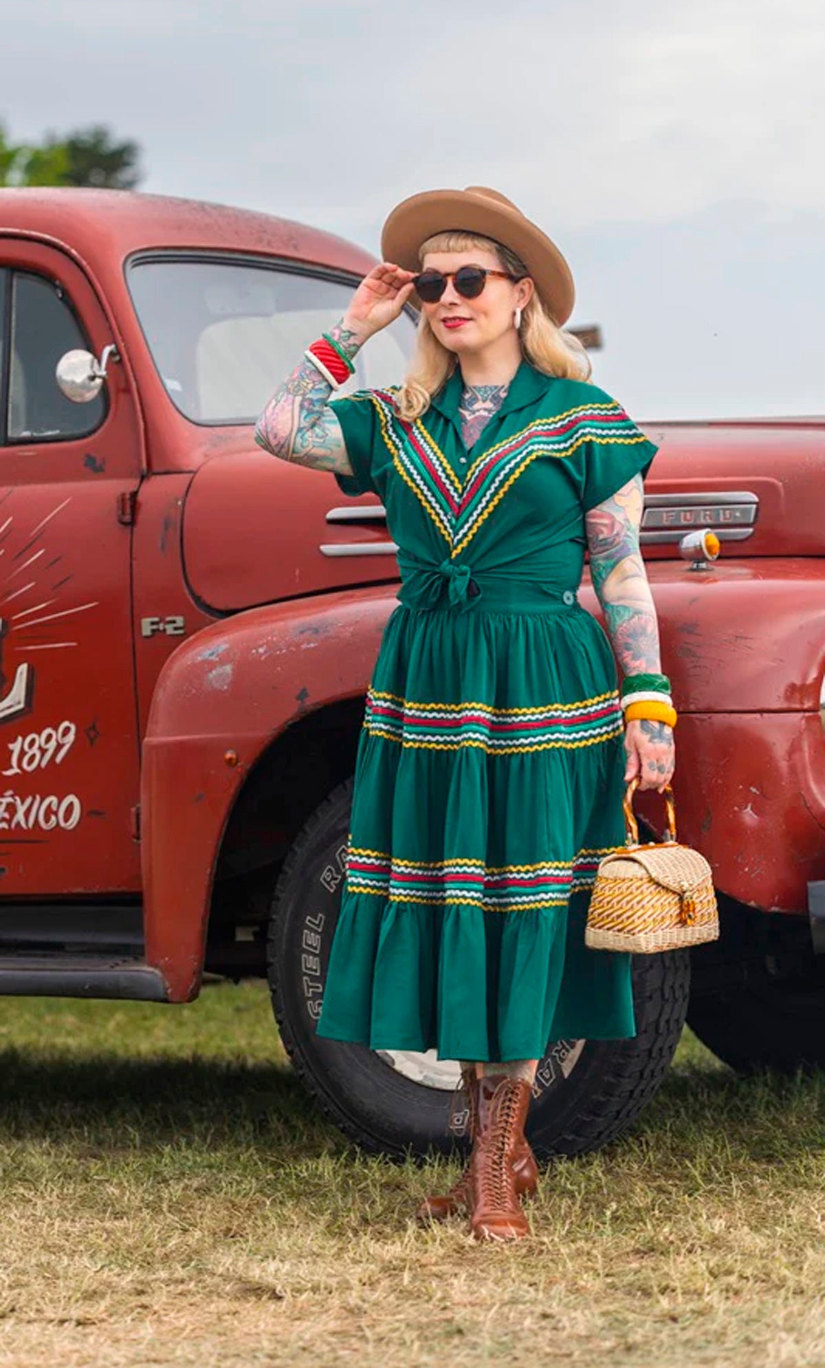 Rock N Romance «The Western» Vintage Folklore Patio 50s Zig Zag 2pc Set Rock + Bluse - Grün