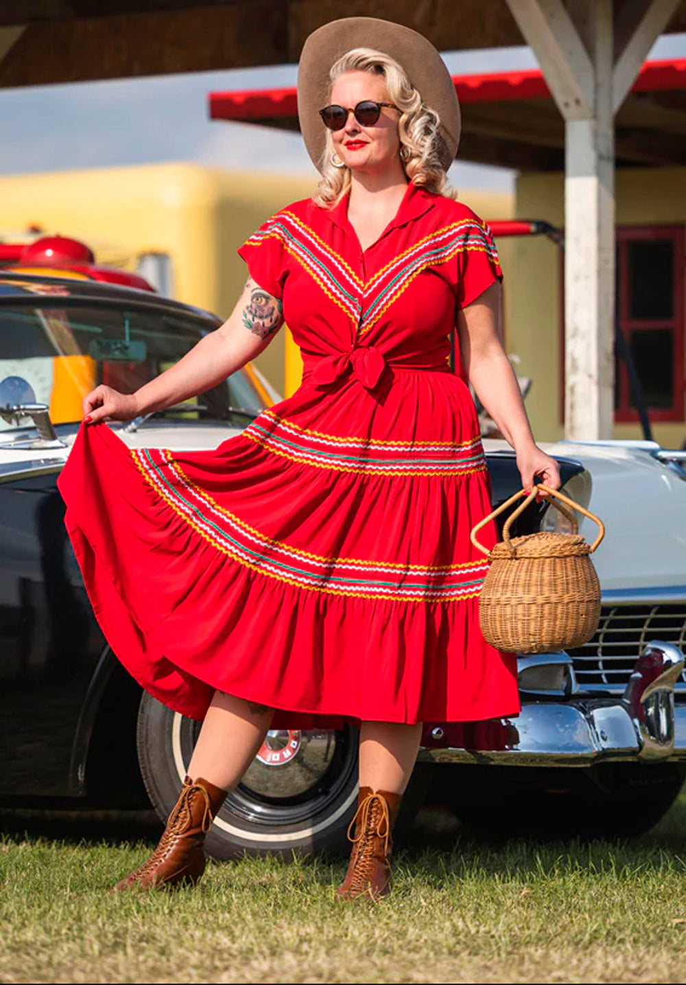 Rock N Romance «The Western» Vintage Folklore Patio 50s Zig Zag 2pc Set Rock + Bluse - Rot