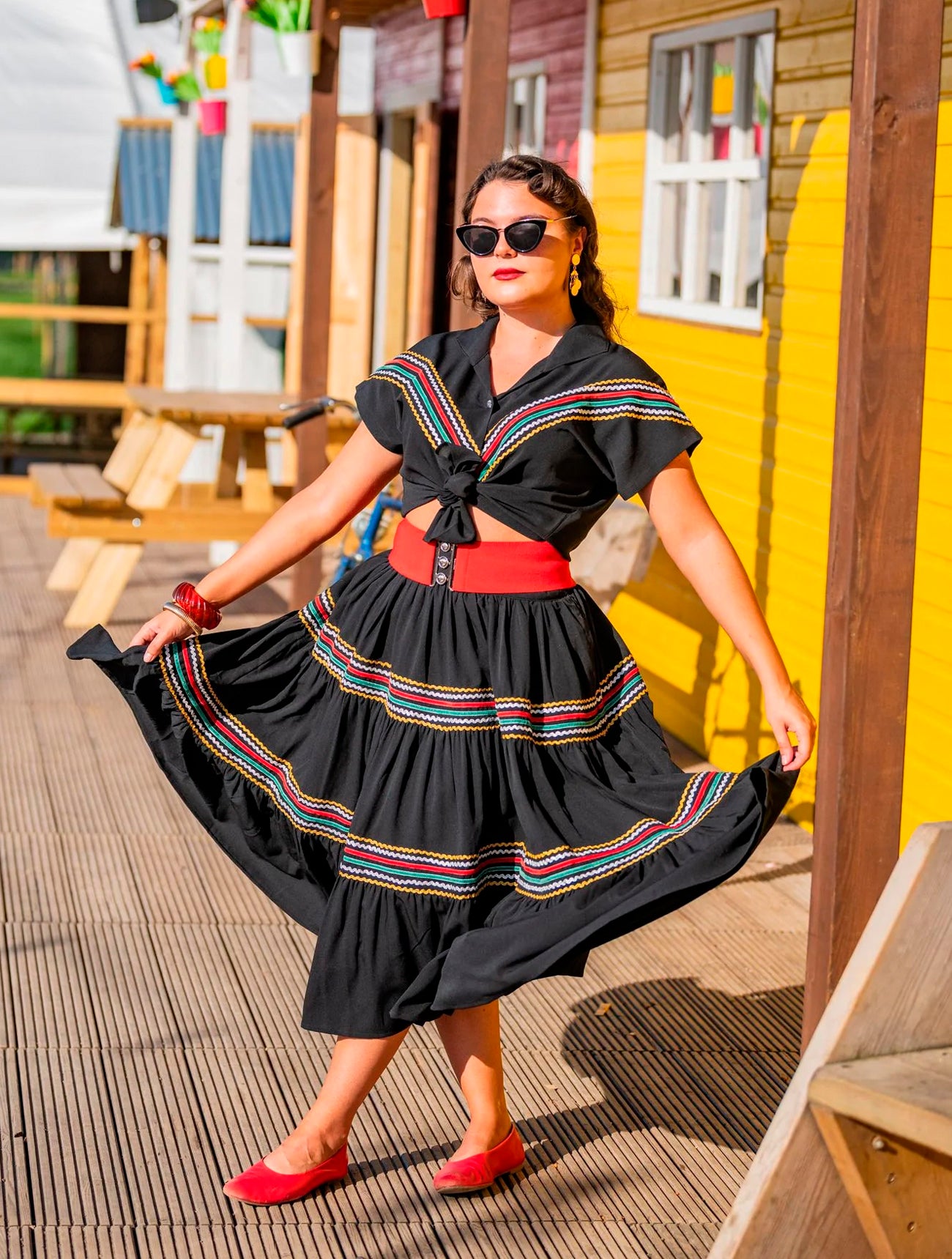 Rock N Romance «The Western» Vintage Folklore Patio 50s Zig Zag 2pc Set Rock + Bluse - Schwarz