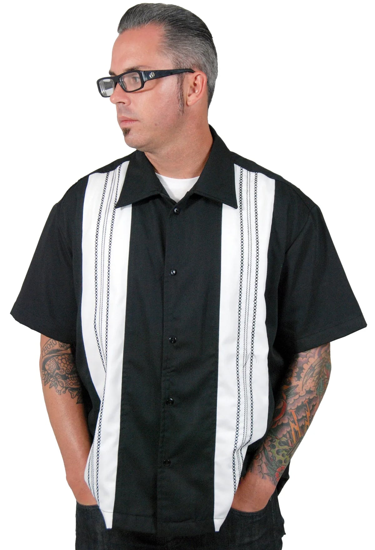 Rock_Steady_THE_RICARDO_Vintage_Smock_Stitching_Double_Panel_BOWLINGHEMD__Shirt_Schwarz-1