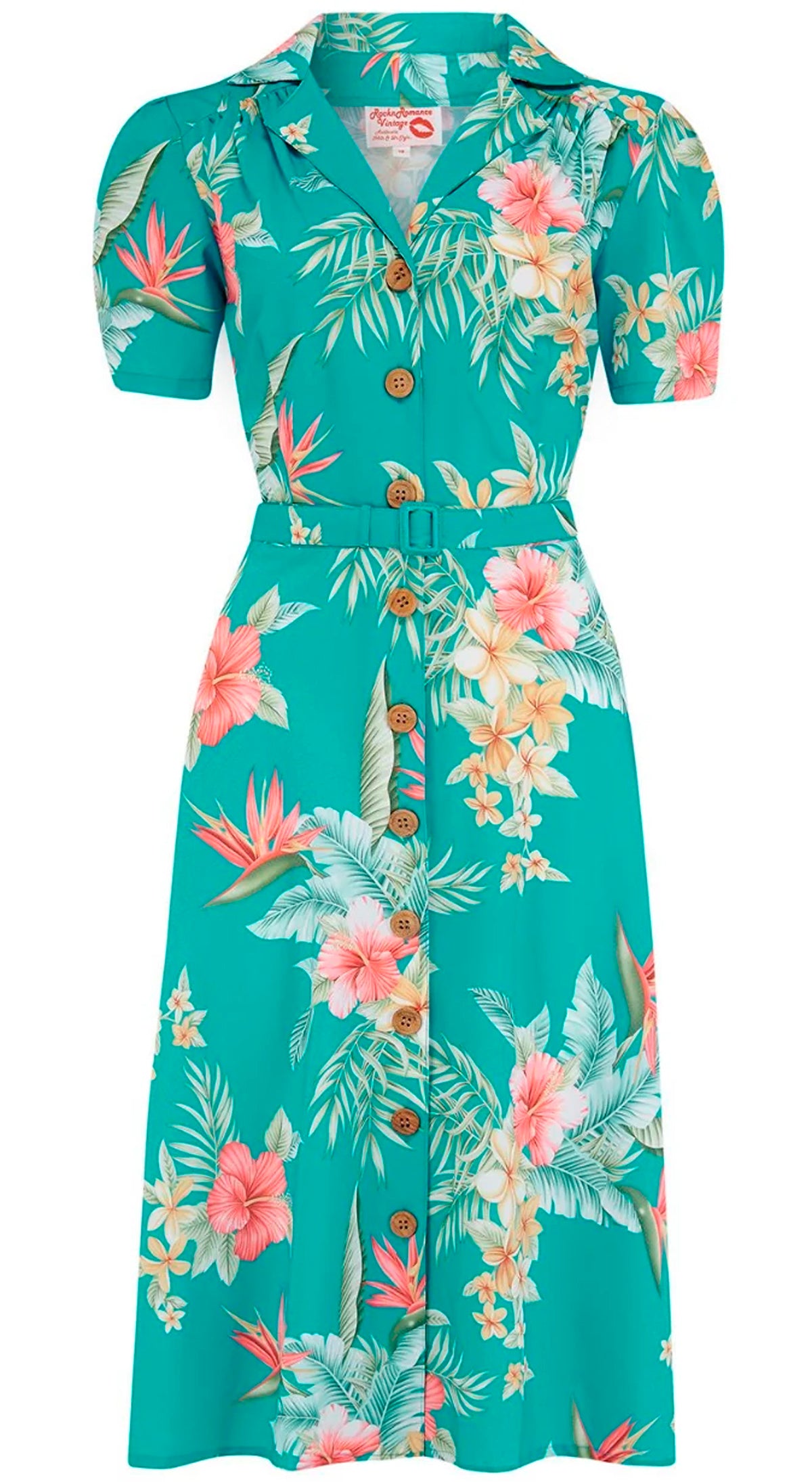 RocknRomance «Charlene Honolulu» Vintage Hibiskus Tropical Hemdblusenkleid - Teal