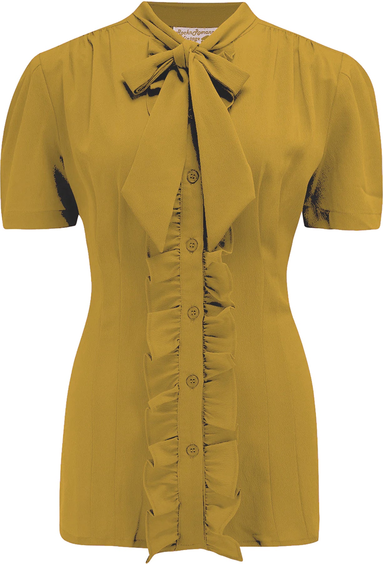 RocknRomance_BETSY_PUSSYBOW_Vintage_RUFFEL_Kurzarm_50s_Hemd_BLUSE_Blouse_Senfgelb_killer_kirsche_1