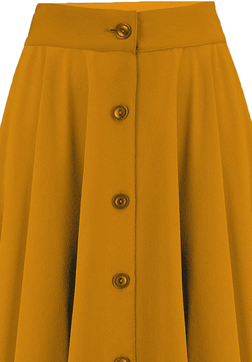 RocknRomance_BEVERLY_Vintage_BUTTON_FRONT_50s_SWING_SKIRT_Rock_Senfgelb_killer_kirsche