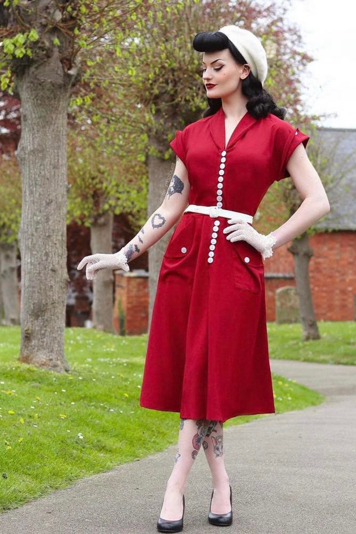 RocknRomance_CASEY_PLAIN_50s_BUTTONED_Kurzarm_A-Linie_SWING_KLEID_Dress_-_Wine_killer_kirsche_3z5veN24gP2SS7