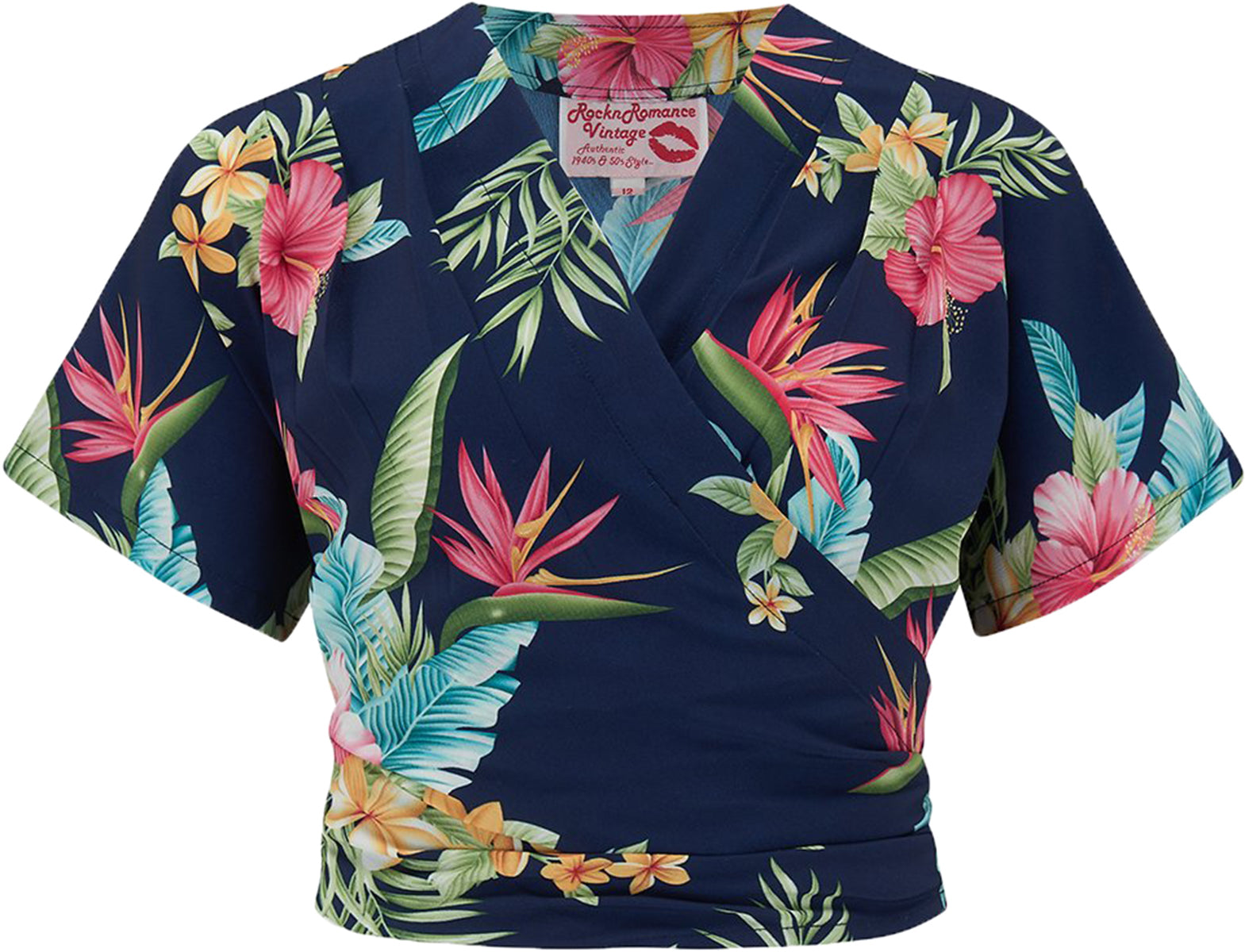 RocknRomance_DARLA_50s_HONOLULU_Kurzarm_V-Neck_WRAP_BLUSE_Oberteil_Blau-1