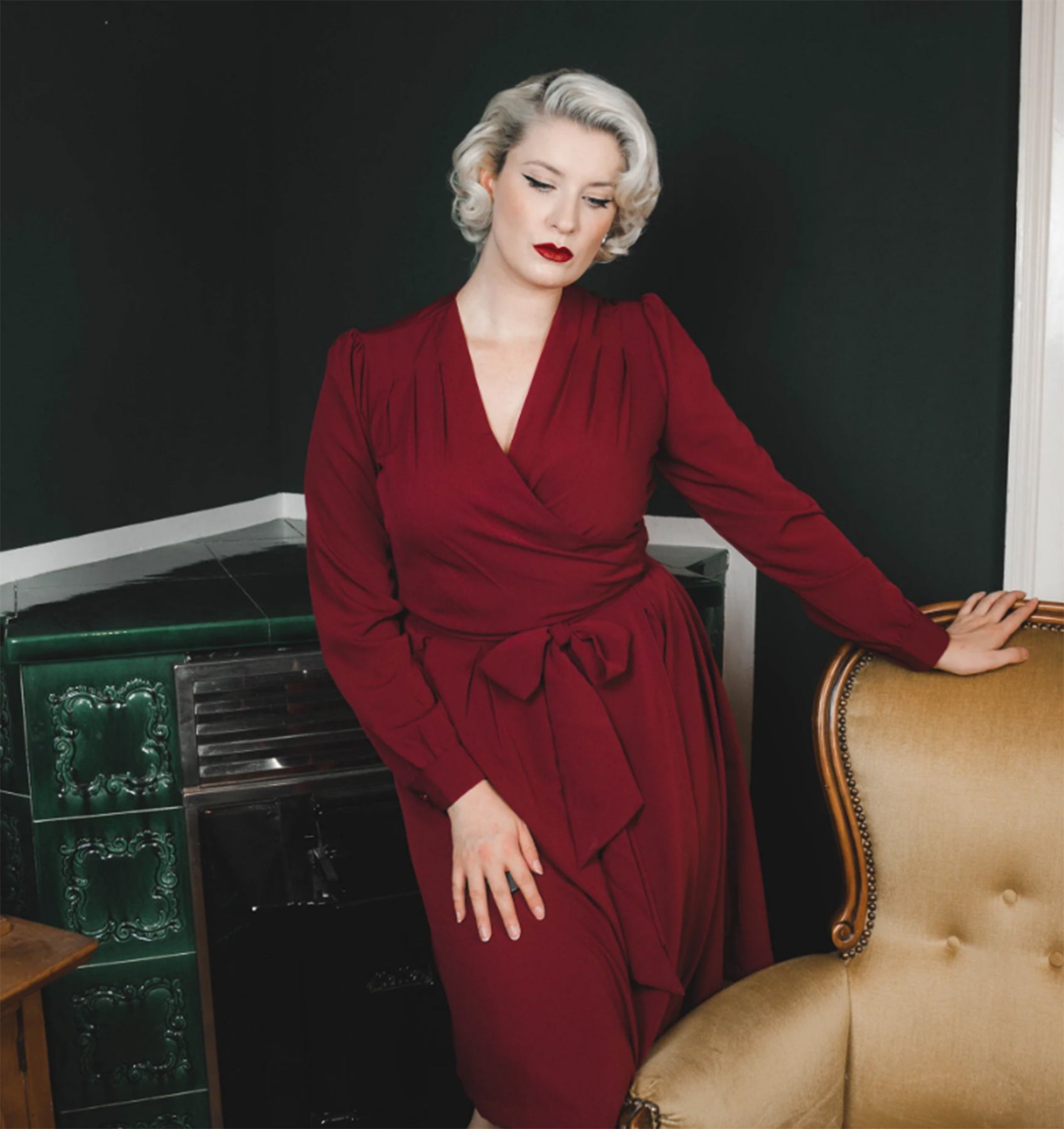 RocknRomance_EVIE_Vintage_PLAIN_Langarm_Pleated_A-LINIE_KLEID_Dress_Weinrot_Killer_Kirsche-2JFdtPp43b3TD8