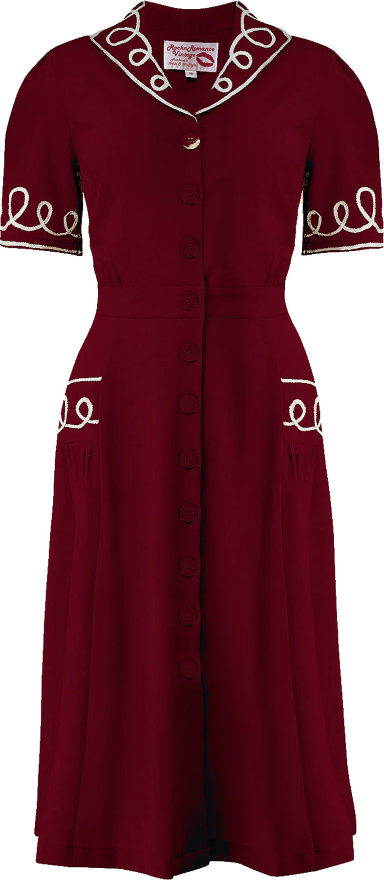 RocknRomance_LOOPY-LOU_Vintage__Kurzarm_Shirtwaister_50s_Contrast_RicRac_KLEID_Dress_Dunkelrot_killer_kirsche_1