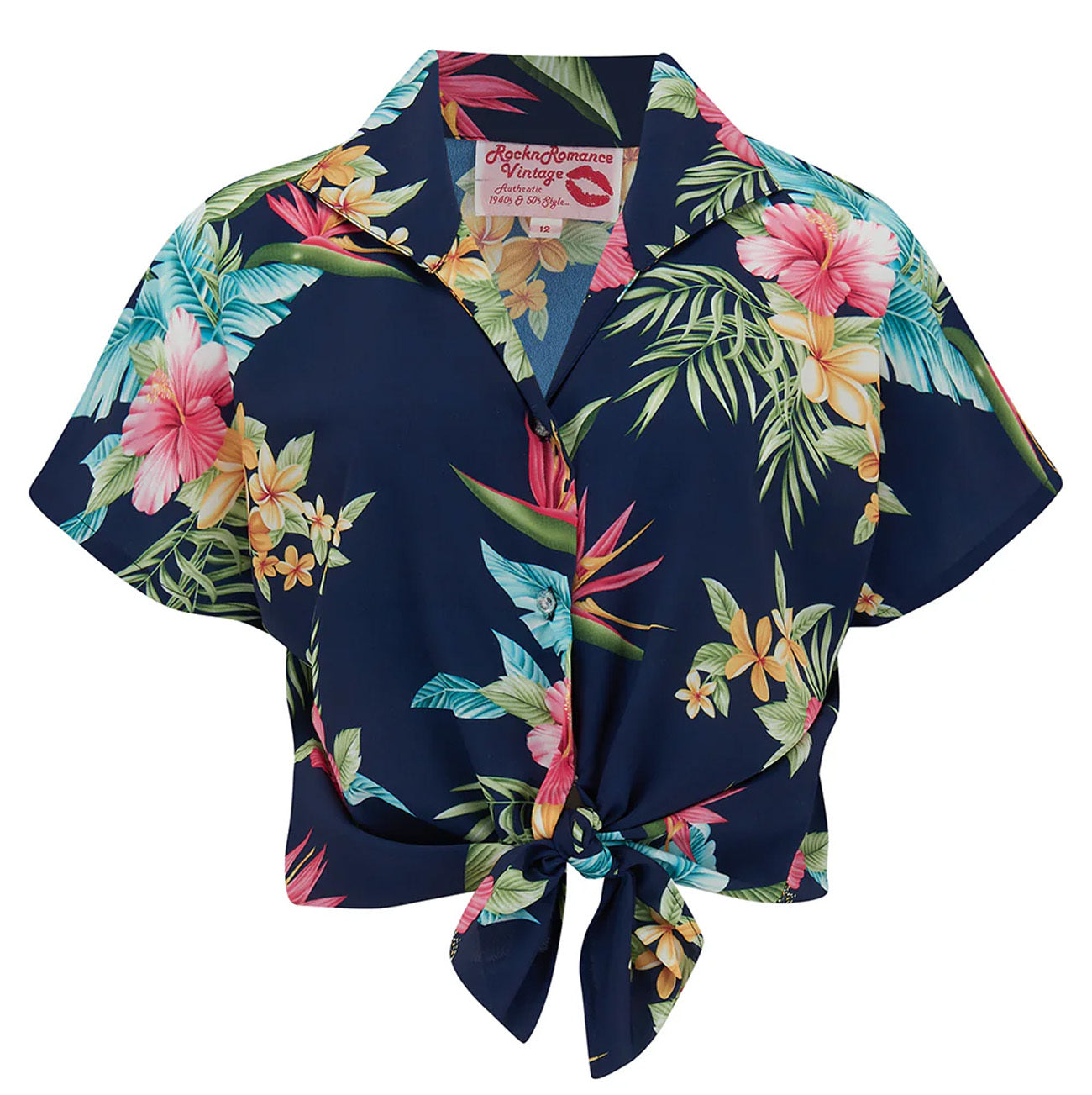 RocknRomance_MARIA_HONOLULU_Tropical_Iconic_1950s_TIE_UP_or_TUCK_IN_Bluse_-_Dunkelblau-2