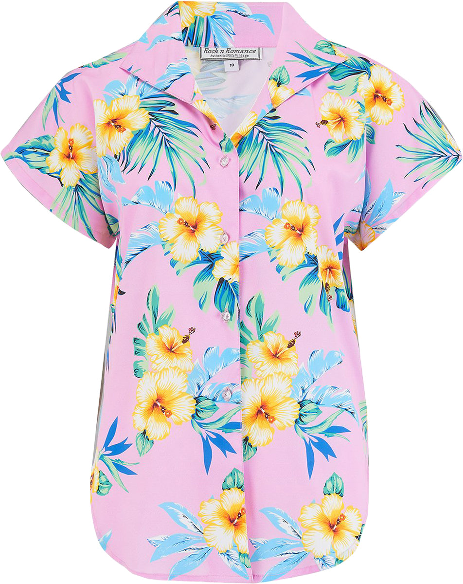 RocknRomance_MARIA_Hawaii_HIBISKUS_Kurzarm_TIE_UP_Oberteil_BLUSE_Rosa-2GABQl1R1edl3W