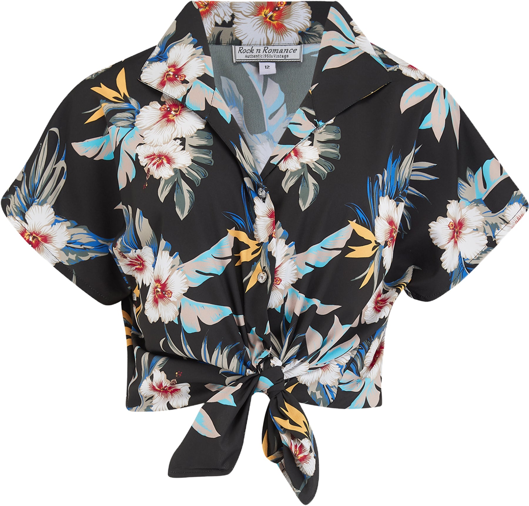 RocknRomance_MARIA_Hawaii_HIBISKUS_Kurzarm_TIE_UP_Oberteil_BLUSE_Schwarz_killer_kirsche