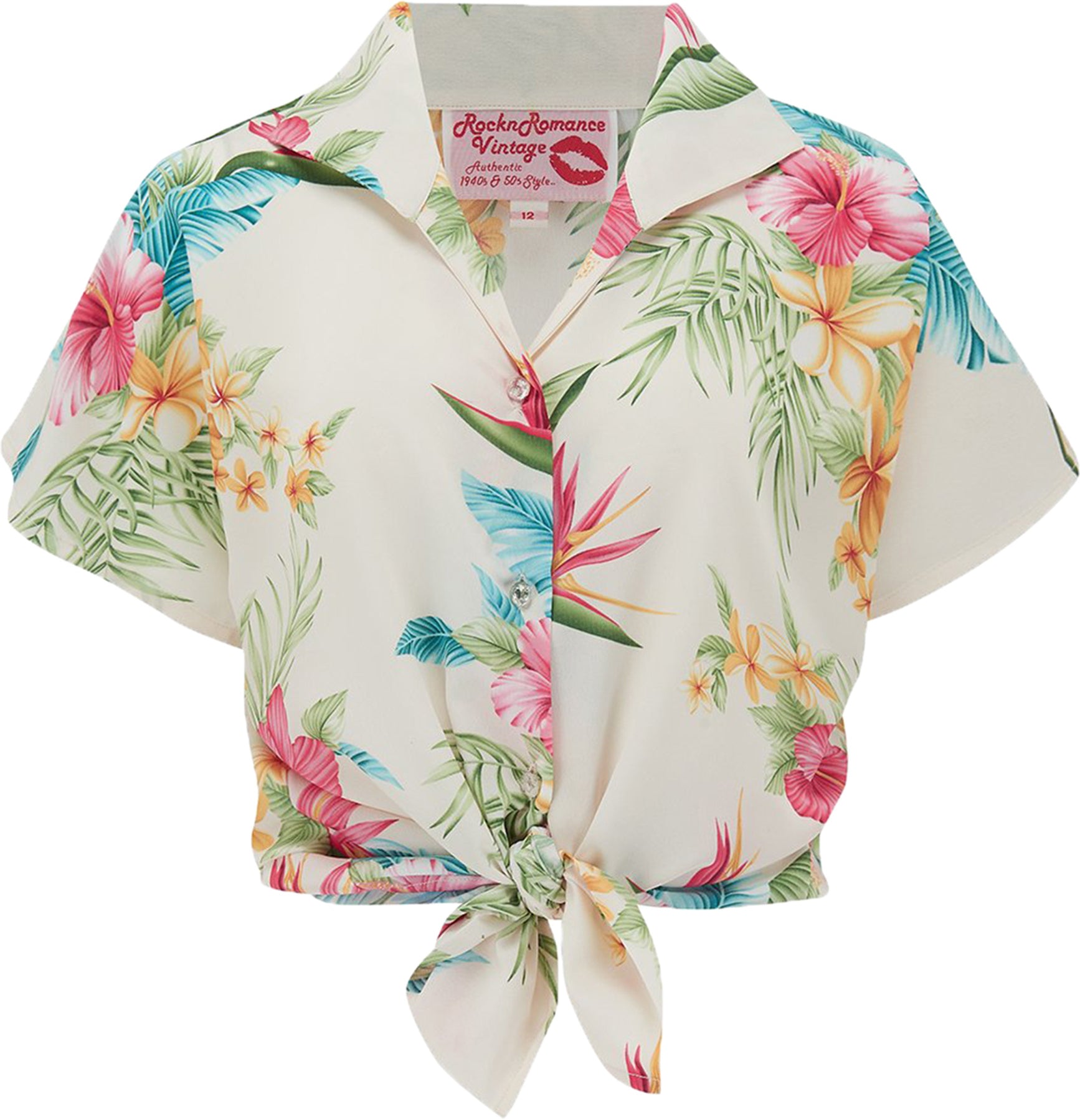 RocknRomance_MARIA_Tropical_HONOLULU_FLORAL_Print_TIE_UP_BLUSE_Blouse_Creme_killer_kirsche