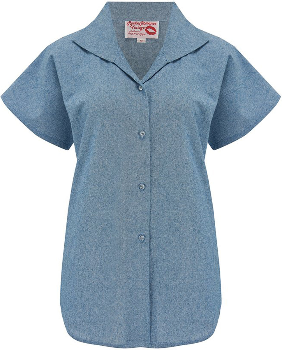 RocknRomance_MARIA_Vintage_CHAMBRAY_Kurzarm_TIE_UP_Oberteil_BLUSE_Blouse_killer_kirshce_2