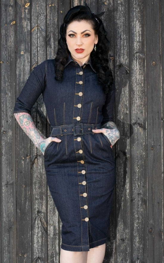 Rumble_59_SECOND_SKIN_Kurzarm_DENIM_Jeans_Pencil_DRESS_Hemdkleid_killer_kirsche_2SUCd0KVJuUgga