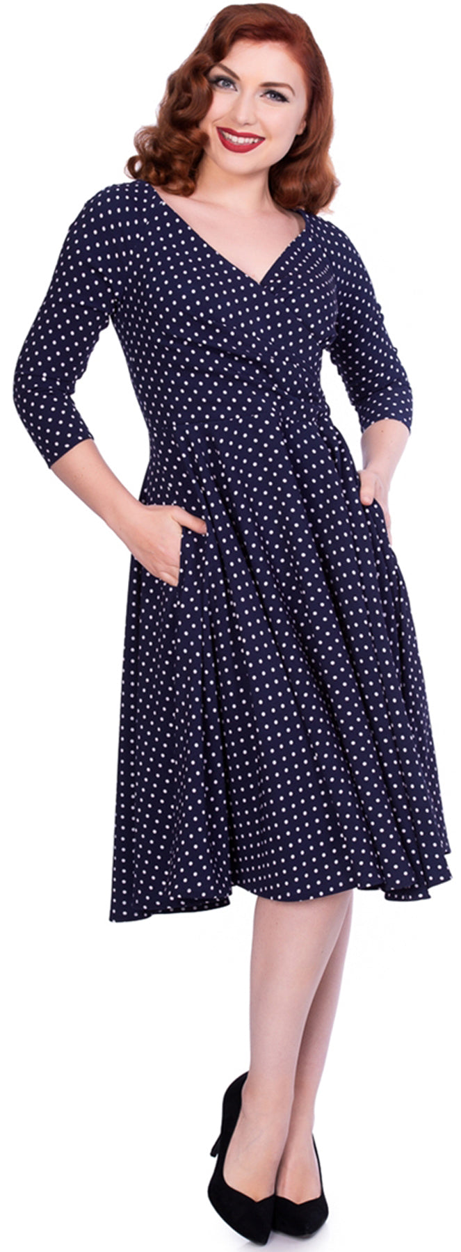 Sheen_KATHERINE_Polka_Dot_PUNKTE_V-Neck_SWING_Dress_Kleid_Navy_killer_kirsche