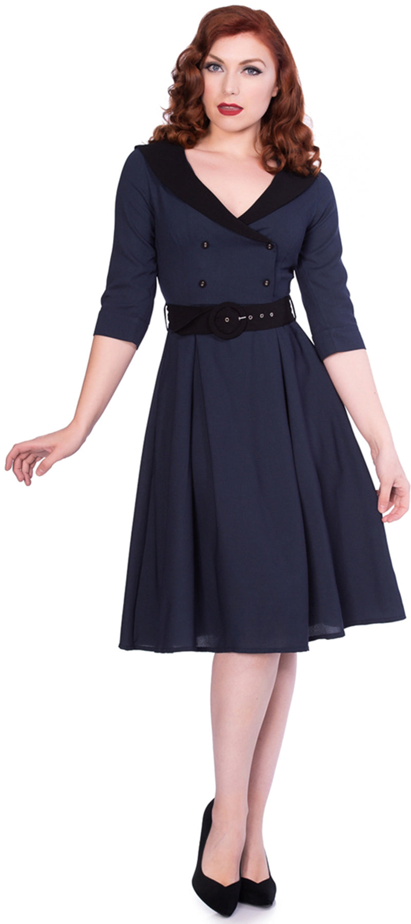 Sheen_ROMIE_Vintage_V-Neck_COLLAR_Dreiviertelarm_Button_SWING_Dress_Kleid_killer_kirsche