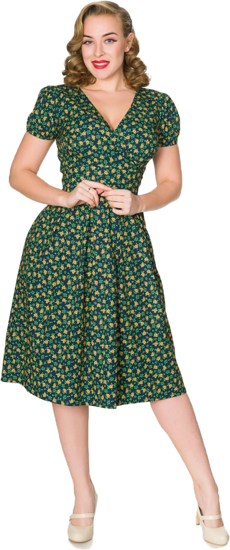 Sheen_VALENTINA_Vintage_Floral_FLOWER_Blumen_V-NECK_Kurzarm_SWING_DRESS_Kleid_killer_kirsche