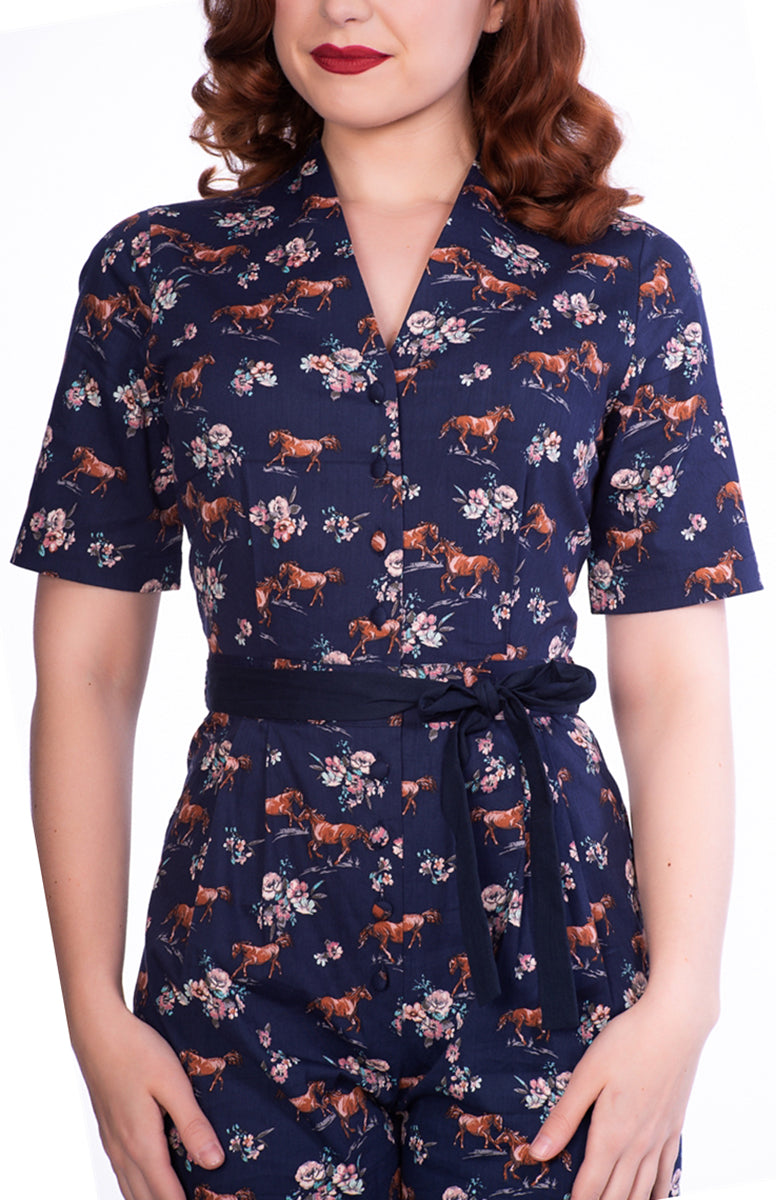 Sheen_WILD_HORSE_Vintage_PFERDE_Blumen_BUTTONED_Kurzarm_Jumpsuit-2