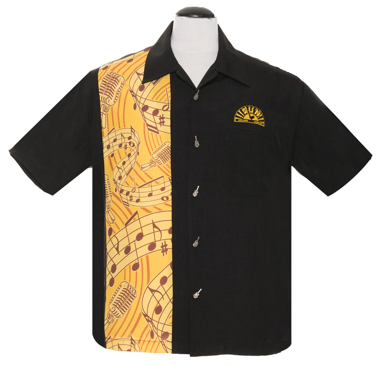 Sun_Records_MUSIC_NOTE_Printed_PANEL_Kurzarm_Vintage_BOWLING_HEMD_Shirt_-_Schwarz-1