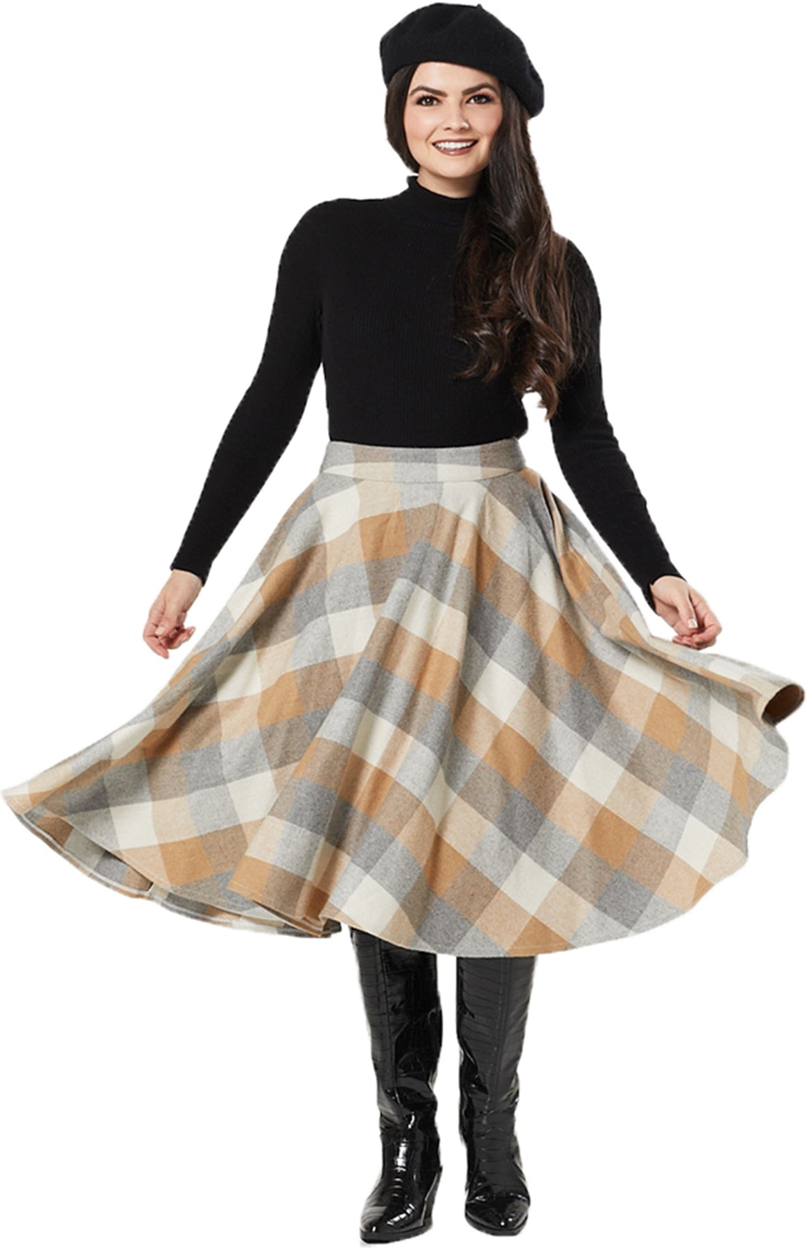 Timeless_London_SOPHIE_50s_CHECK_Swing_TELLERROCK_Plus_Size_Beige-Grau_Killer_Kirsche-1