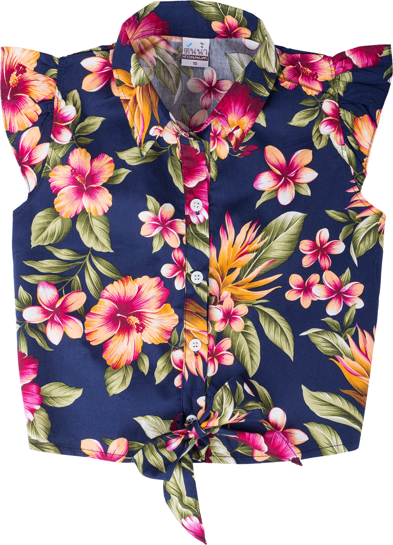 Tropical_HIBISKUS_Frangipani_TIE_UP_Blouse_Kinder_BLUSE_Oberteil_Blau_killer_kirsche