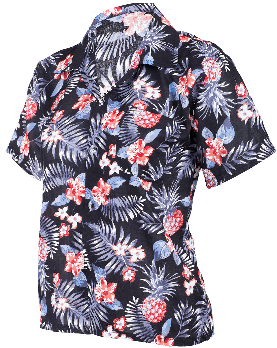 Tropical_NALANI_Palmenblaetter_HIBISKUS_Ananas_HAWAII_BLUSE_Schwarz-2