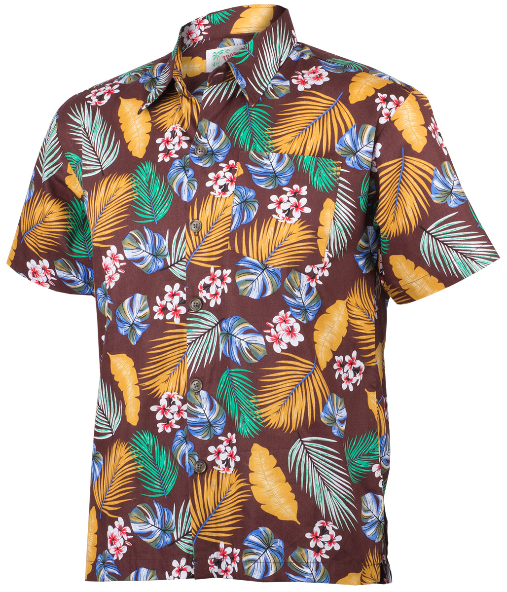 Tropical_TARRO_Frangipani_Palmenblaetter_Kurzarm_Shirt_HAWAIIHEMD_Braun-2