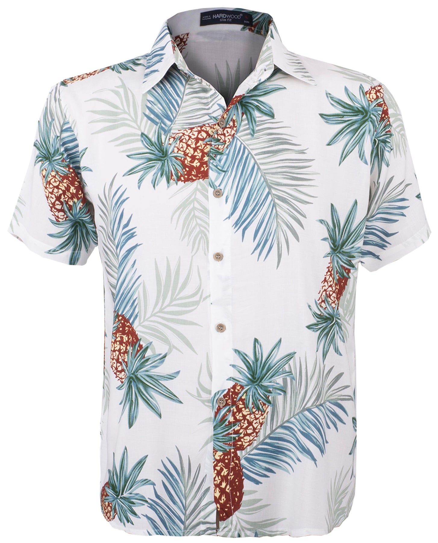 Tropical_TIDHUS_Pineapple_ANANAS_Palmblatt_Kurzarm_Shirt_HAWAIIHEMD_Weiss_killer_kirsche