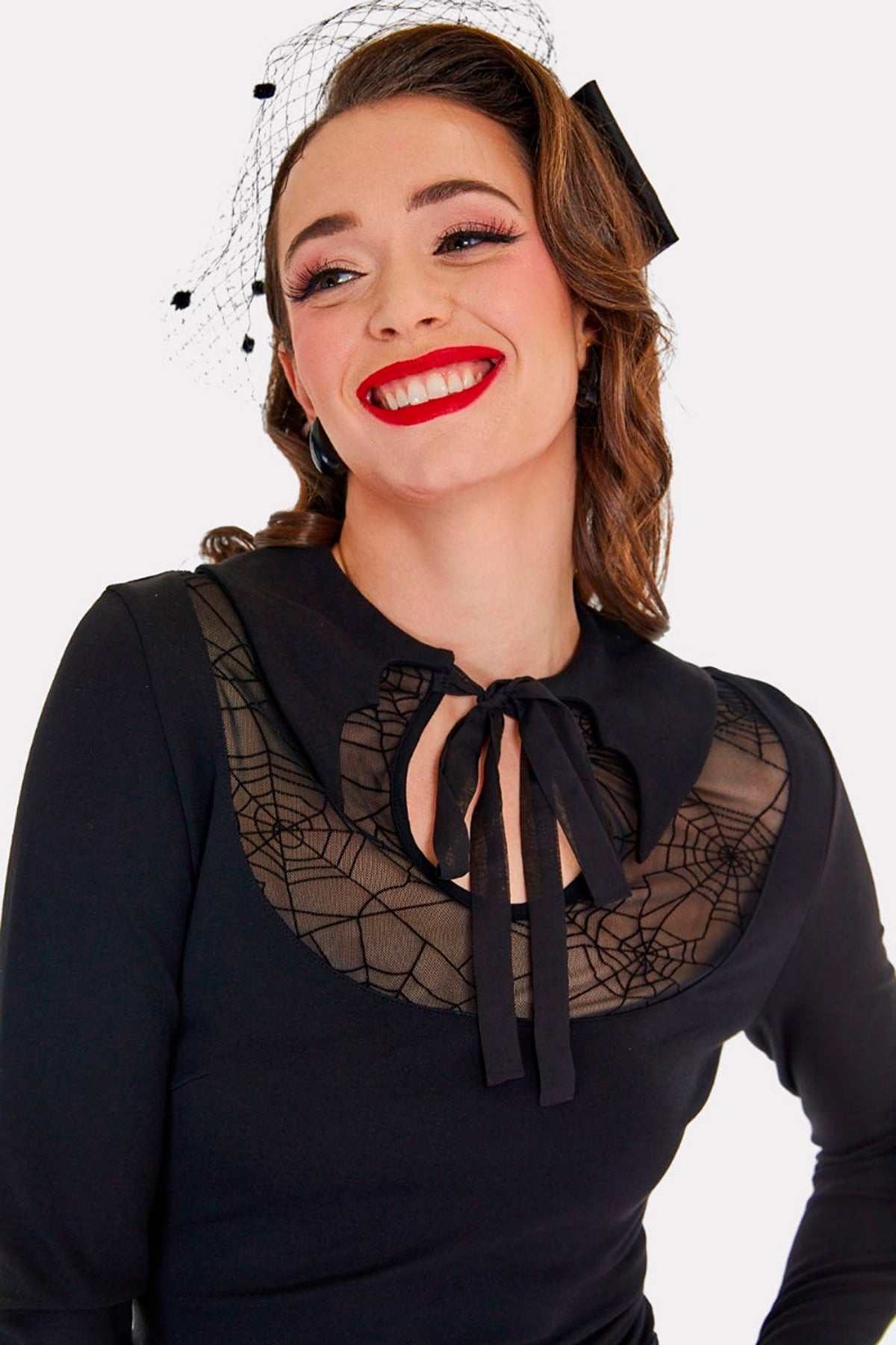 Voodoo Vixen «Bat Collar» Web Lace Spinnennetz Langarm Vampy Oberteil / Shirt - Schwarz