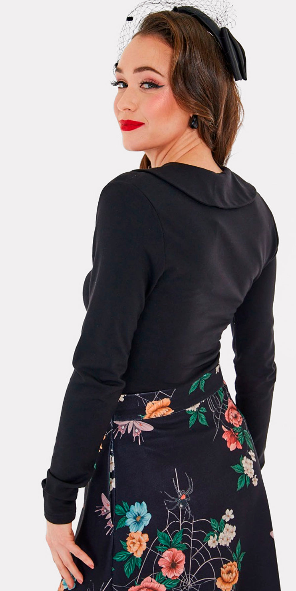 Voodoo Vixen «Bat Collar» Web Lace Spinnennetz Langarm Vampy Oberteil / Shirt - Schwarz