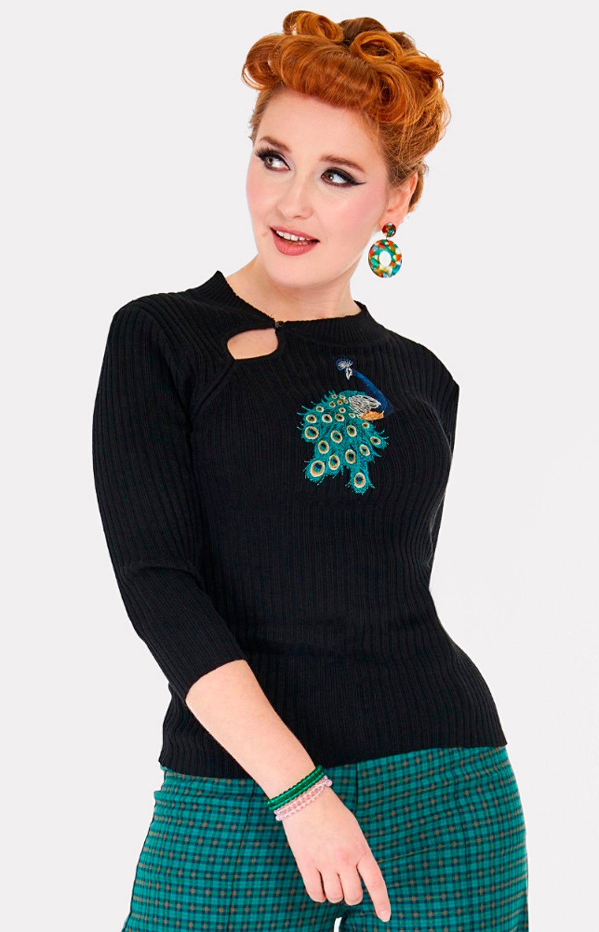 Voodoo Vixen «Embroidered Peacock» Vintage Retro Oberteil / Pullover mit Pfauenstickerei