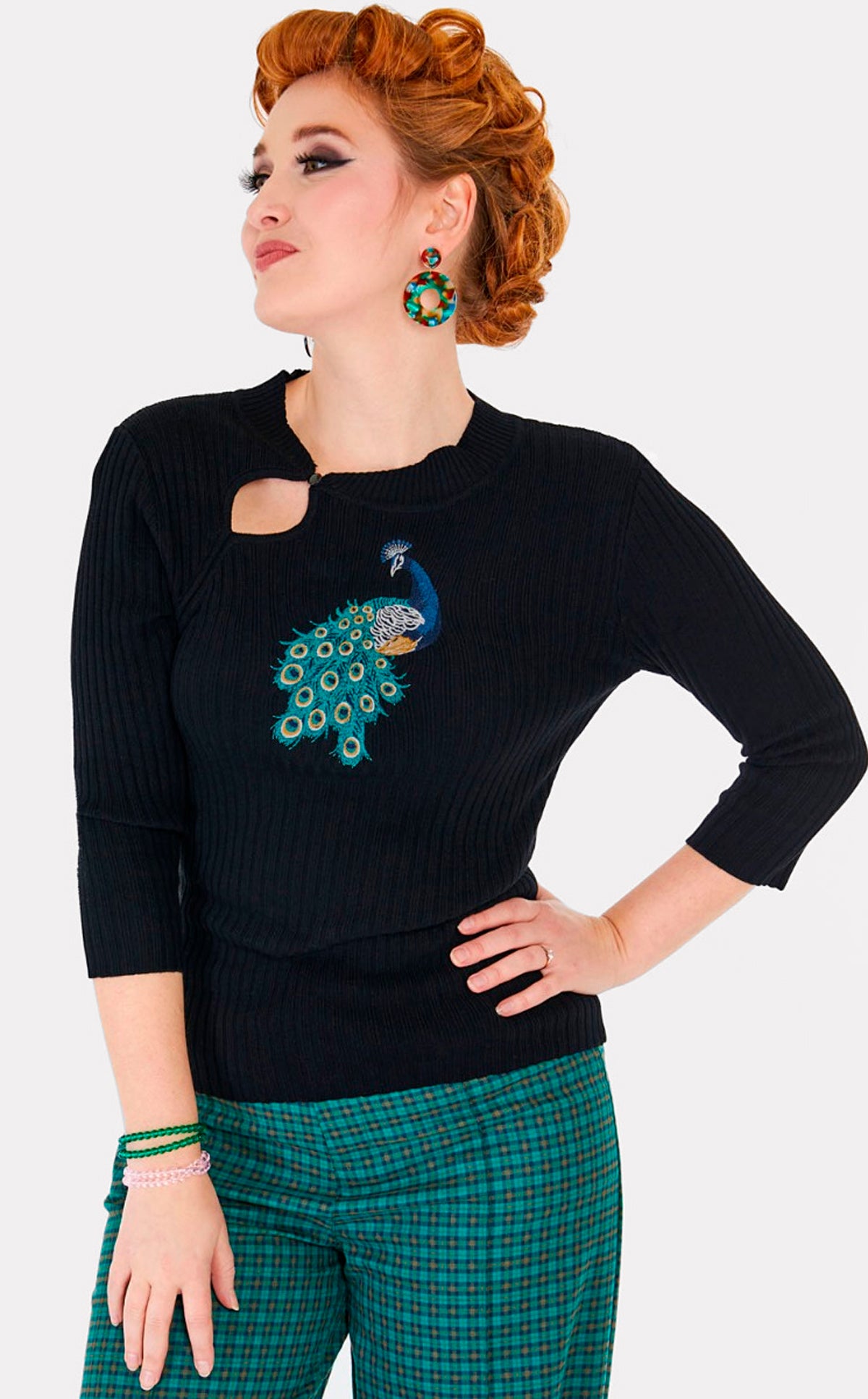 Voodoo Vixen «Embroidered Peacock» Vintage Retro Oberteil / Pullover mit Pfauenstickerei