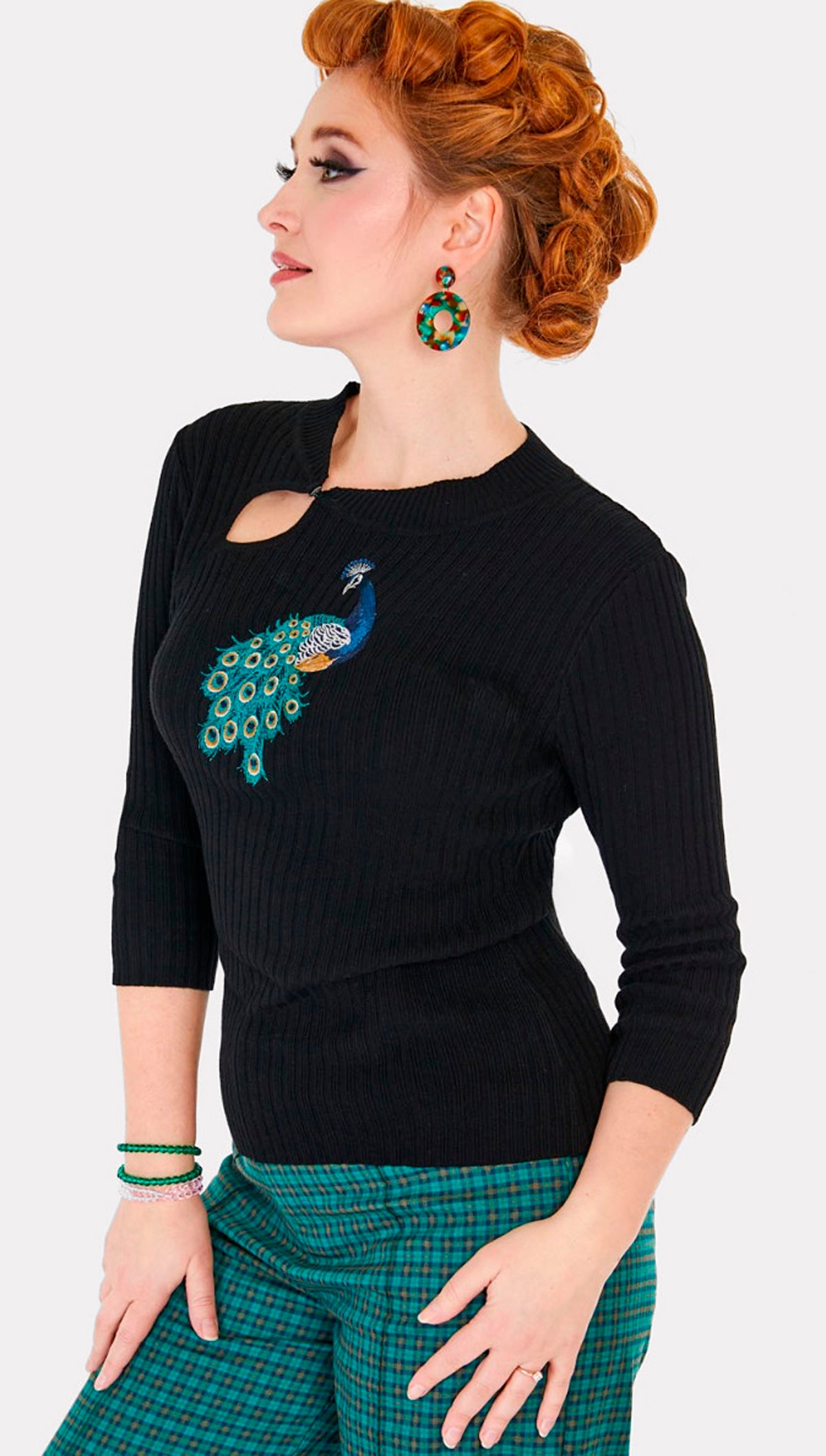 Voodoo Vixen «Embroidered Peacock» Vintage Retro Oberteil / Pullover mit Pfauenstickerei