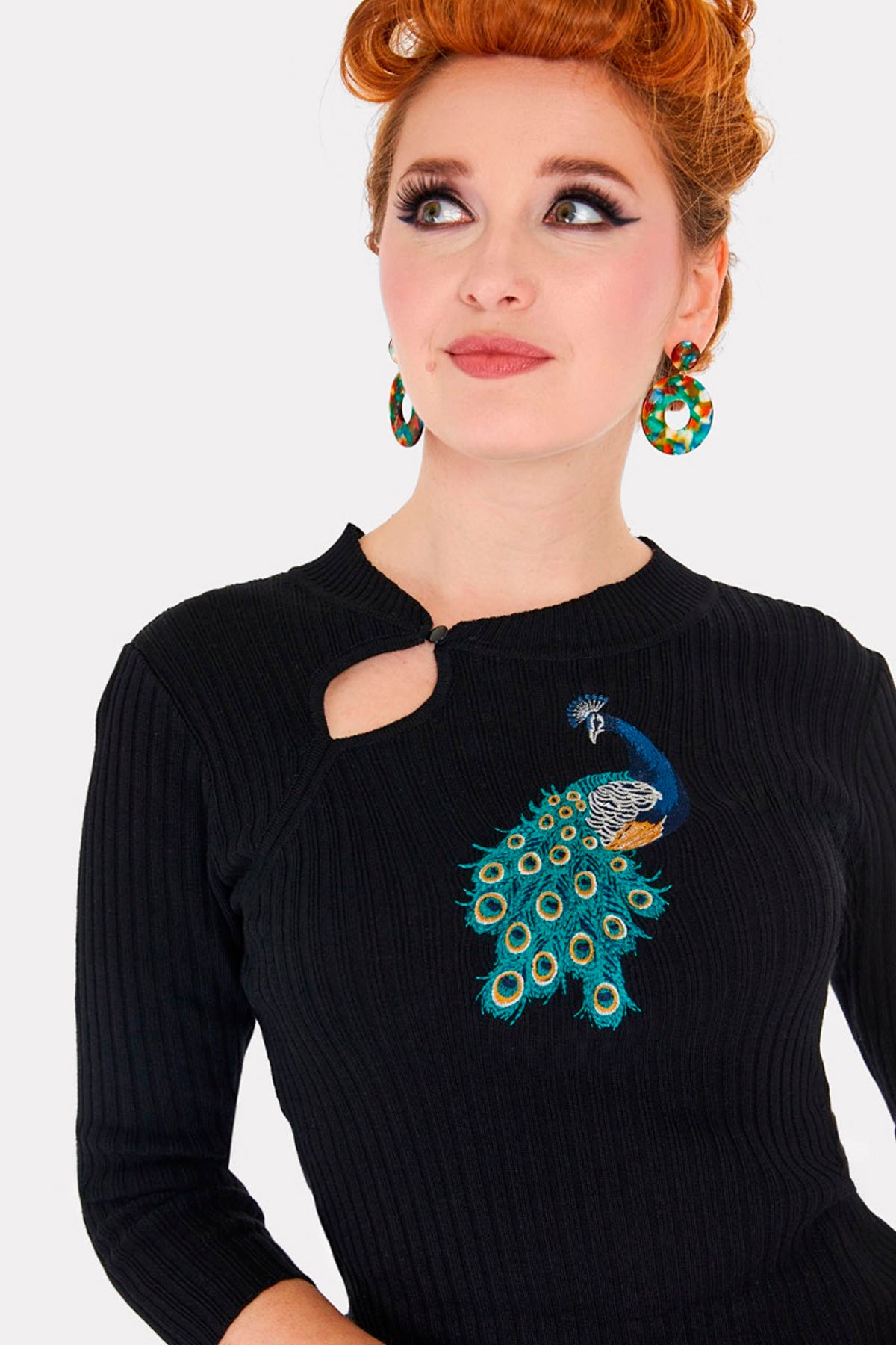 Voodoo Vixen «Embroidered Peacock» Vintage Retro Oberteil / Pullover mit Pfauenstickerei