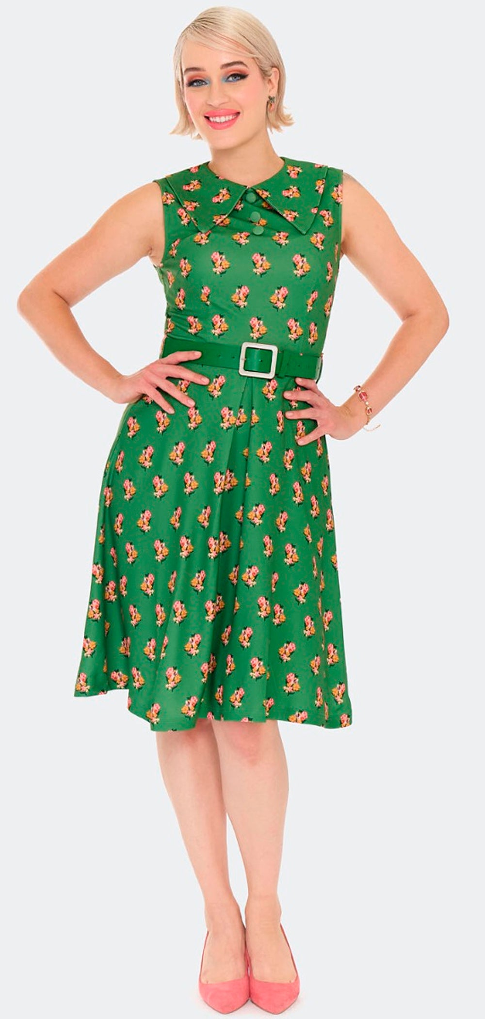 Voodoo Vixen «Floral Cat» 60s Retro Sleeveless A-Linie Vintage Dress / Kleid - Grün