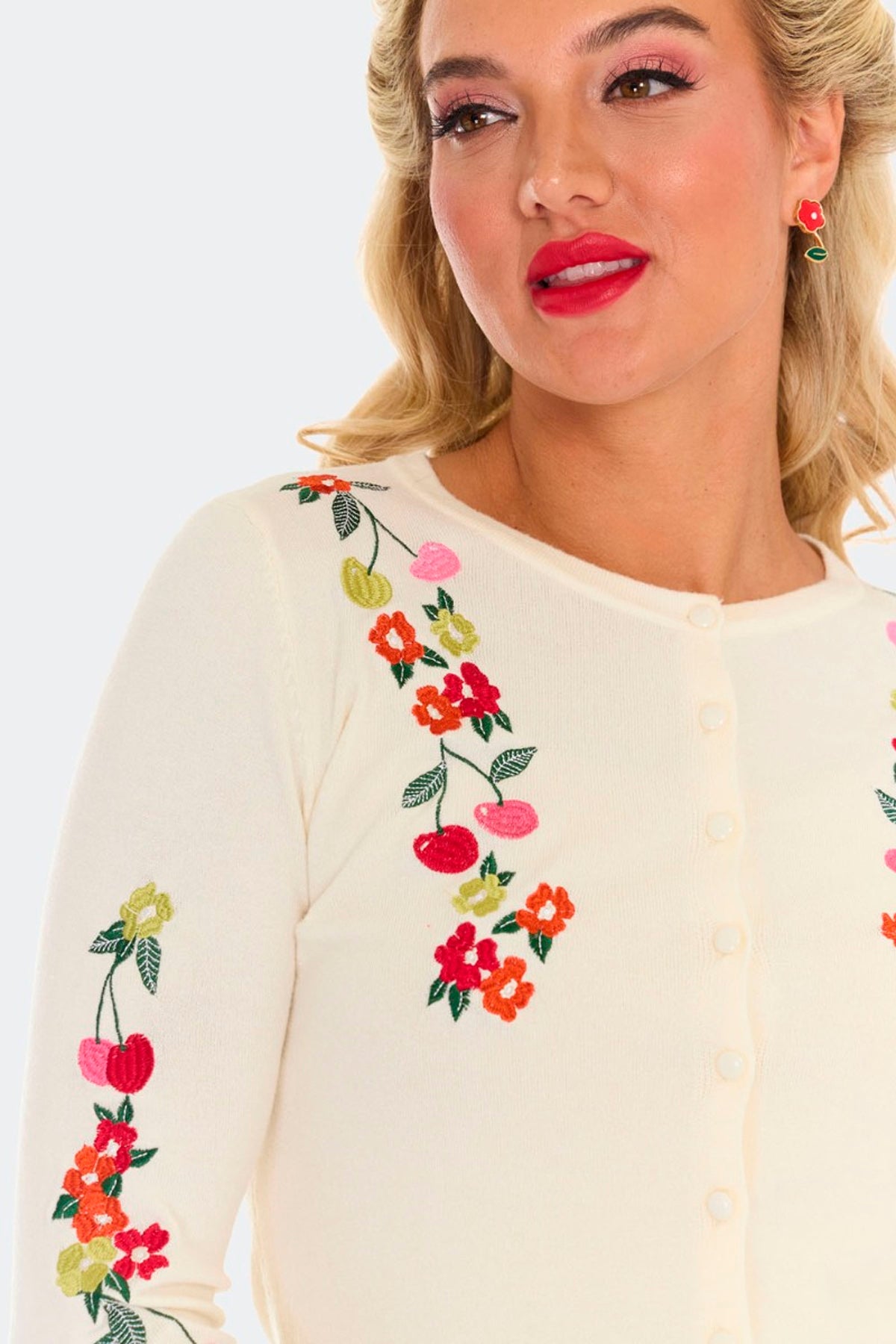 Voodoo Vixen «Floral Cherry» Vintage Embroidered Blüten und Kirschen Retro Cardigan / Strickjacke