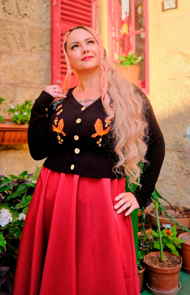 Voodoo Vixen «Ginny Woodland» Vintage  Retro Embroidered V-Neck Cardigan / Strickjacke - Schwarz