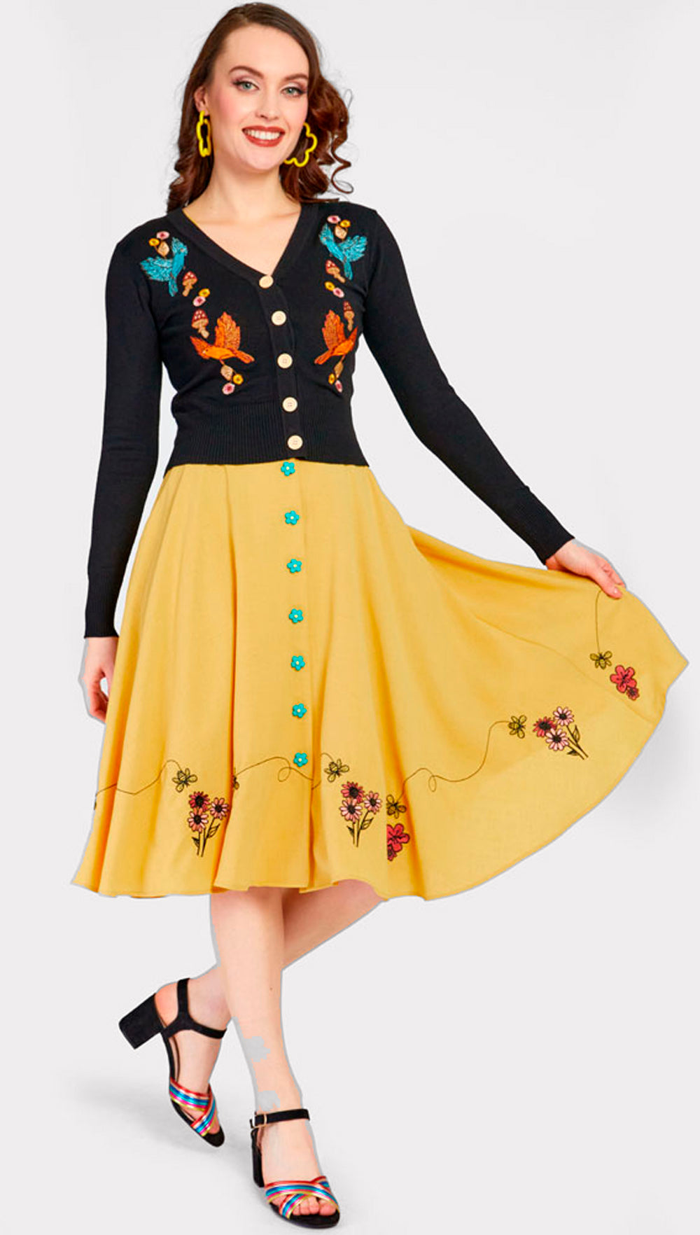 Voodoo Vixen «Ginny Woodland» Vintage  Retro Embroidered V-Neck Cardigan / Strickjacke - Schwarz