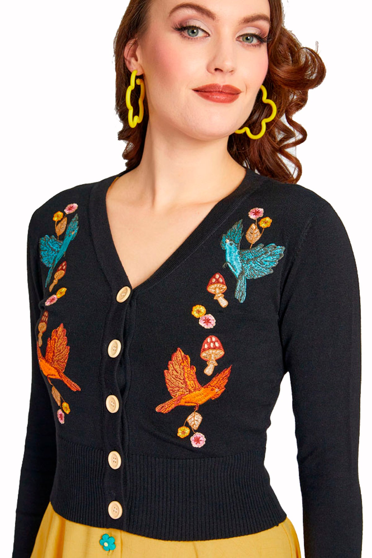 Voodoo Vixen «Ginny Woodland» Vintage  Retro Embroidered V-Neck Cardigan / Strickjacke - Schwarz