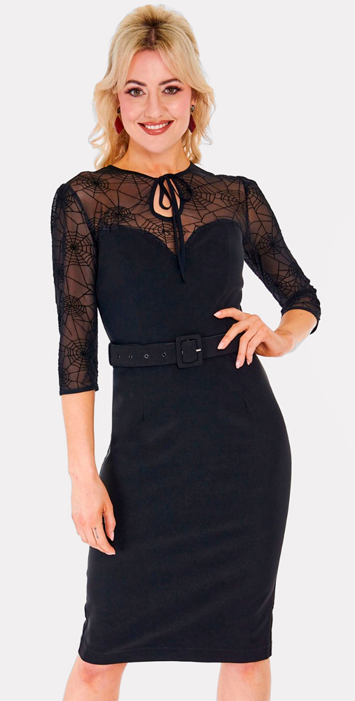 Voodoo Vixen schwarzes Spider Web Lace Pencilkleid mit Spinnennetzspitze und Taillengürtel