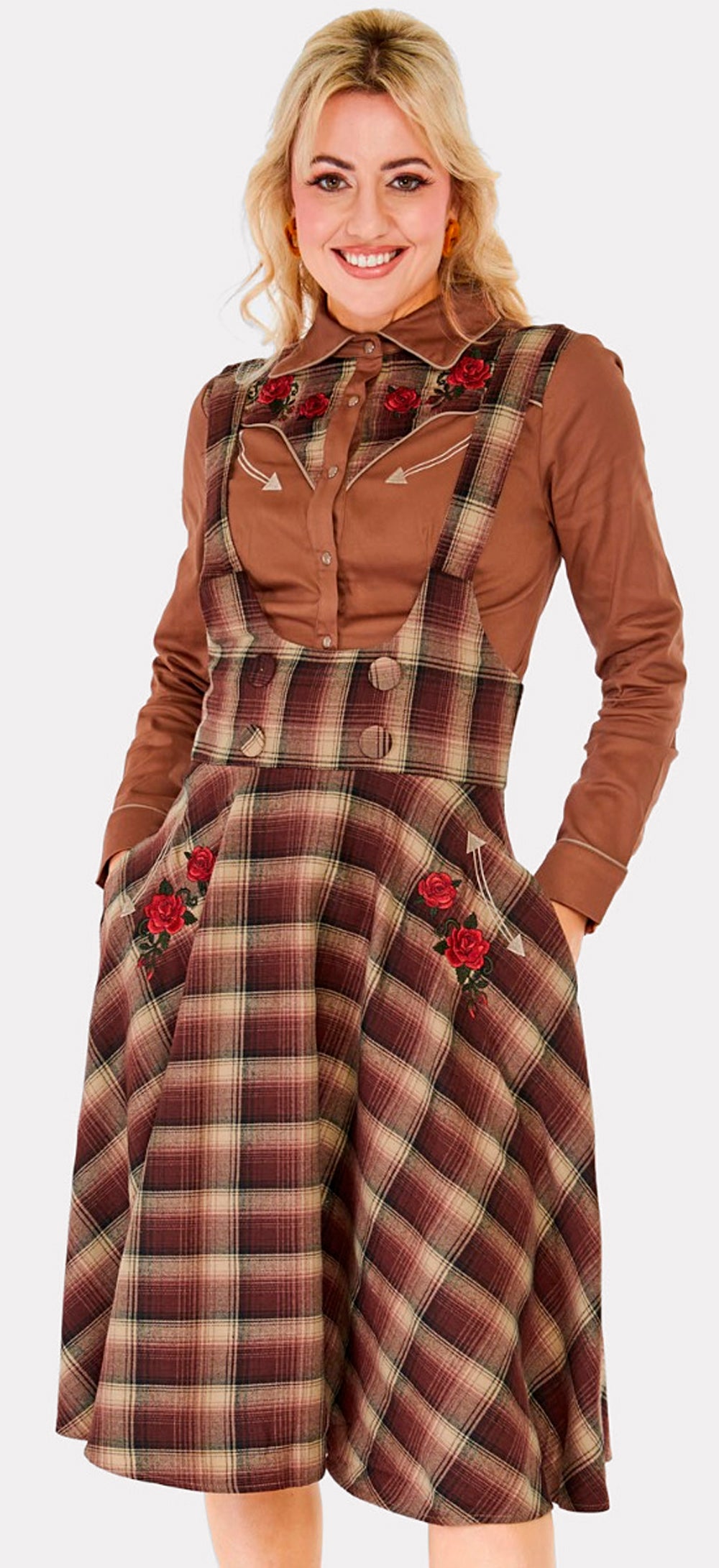 Voodoo Vixen «Western Plaid» Vintage Karo Embroidered High Waisted Swing Rock - Pinafore Dress