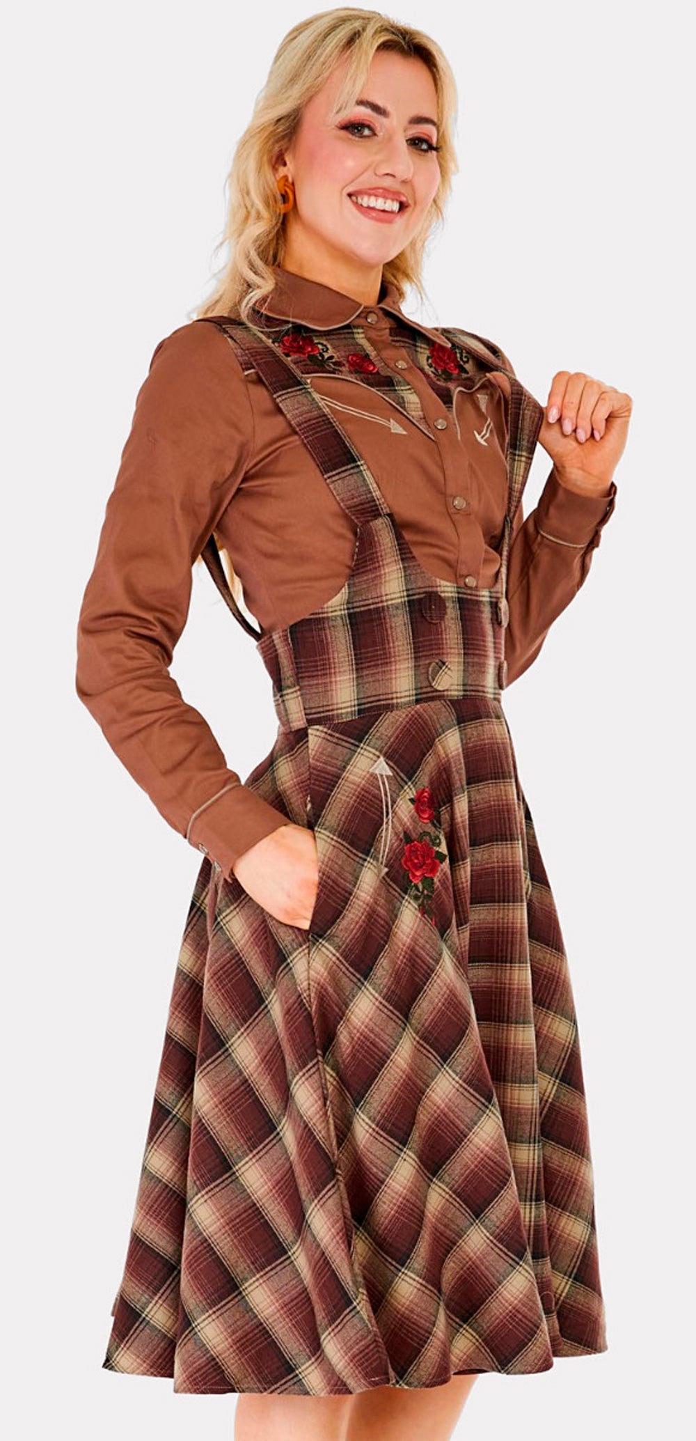 Voodoo Vixen «Western Plaid» Vintage Karo Embroidered High Waisted Swing Rock - Pinafore Dress