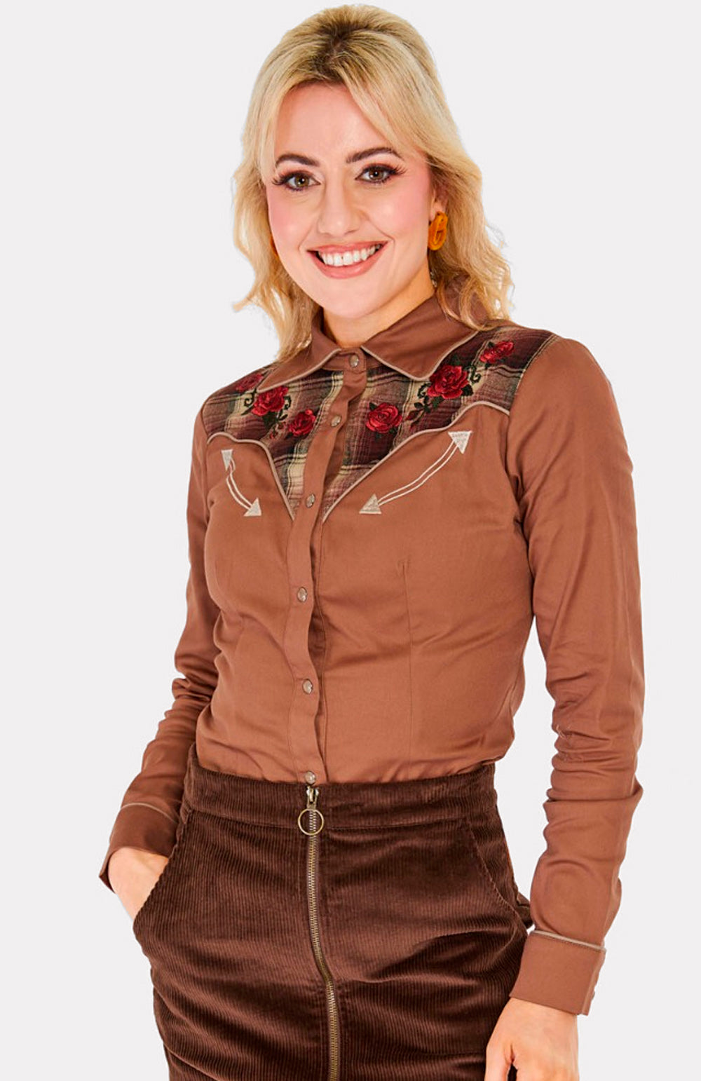Voodoo Vixen «Western Style» Vintage Retro Plaid Panel Karo Langarm Bluse - Braun