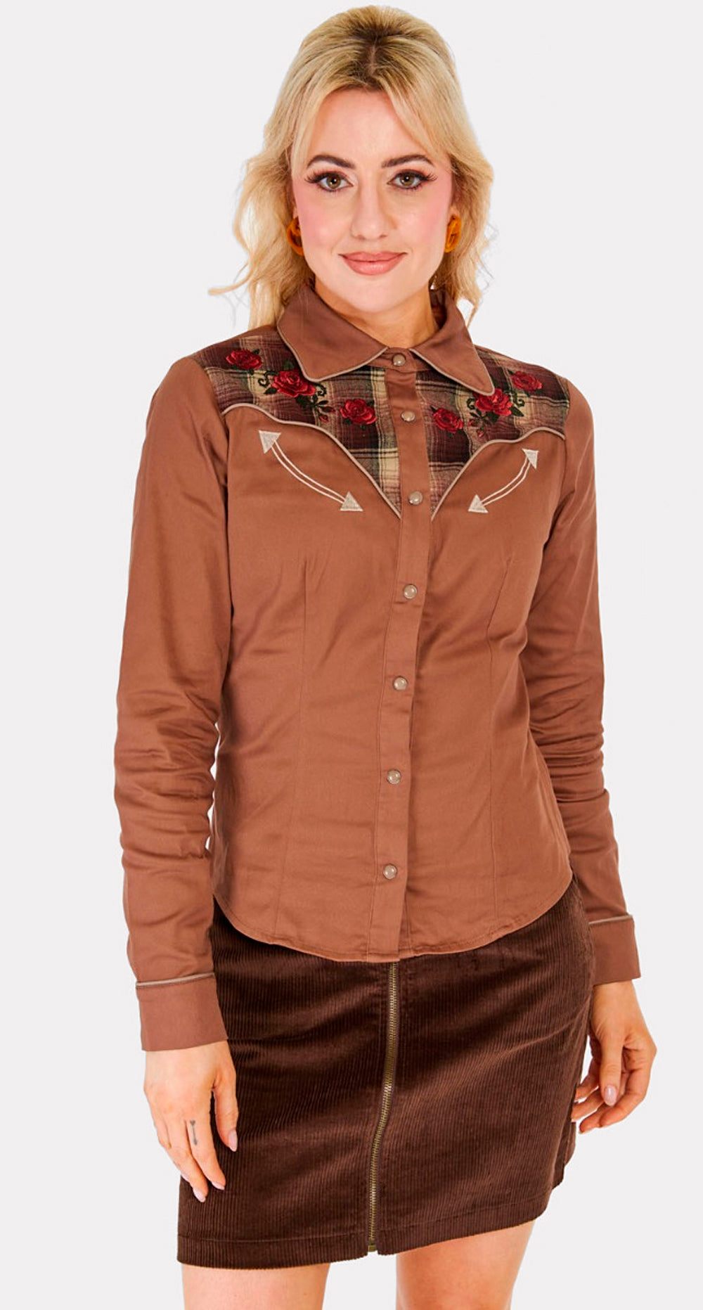 Voodoo Vixen «Western Style» Vintage Retro Plaid Panel Karo Langarm Bluse - Braun