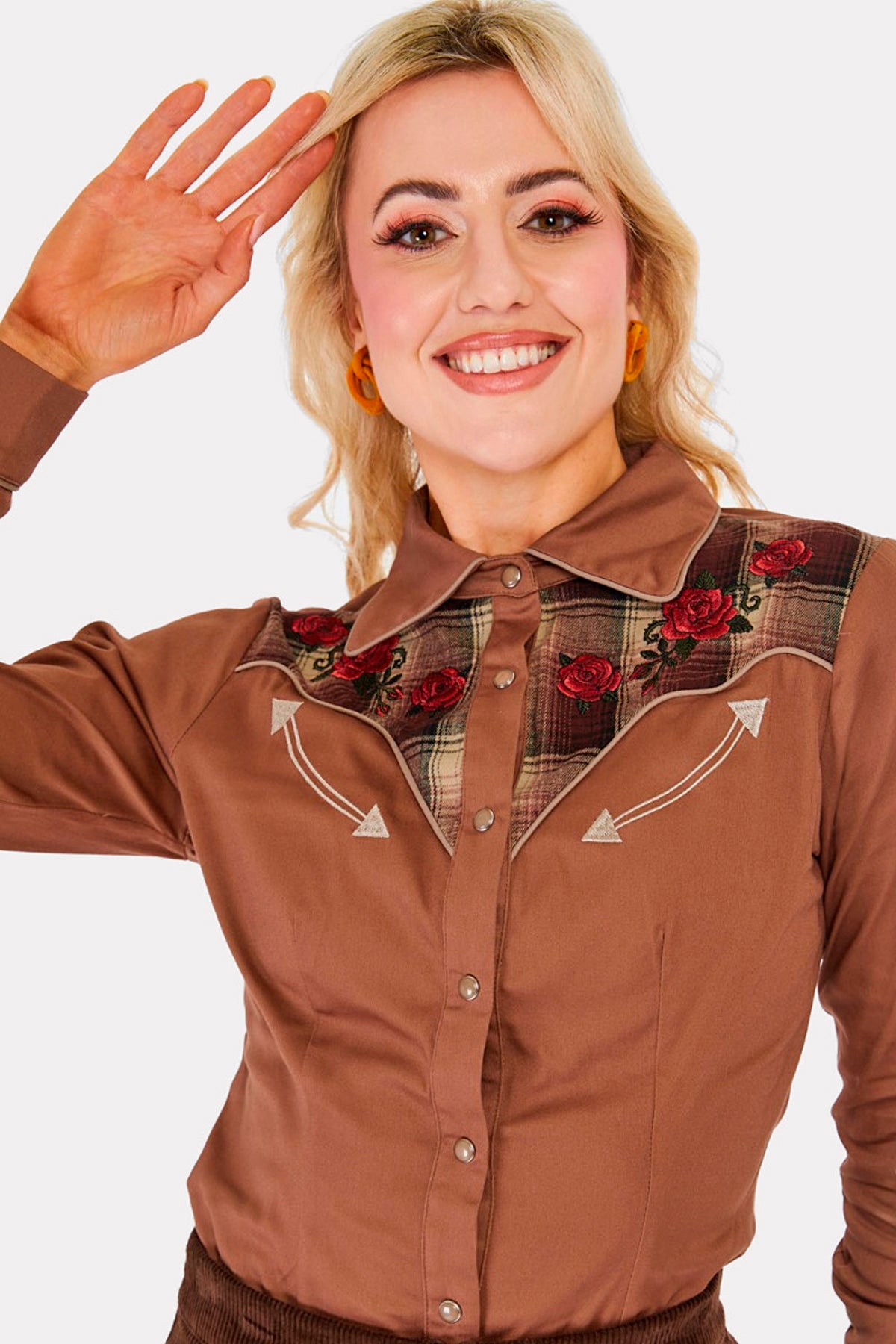 Voodoo Vixen «Western Style» Vintage Retro Plaid Panel Karo Langarm Bluse - Braun