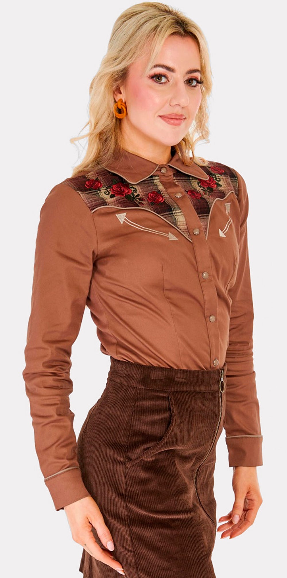 Voodoo Vixen «Western Style» Vintage Retro Plaid Panel Karo Langarm Bluse - Braun