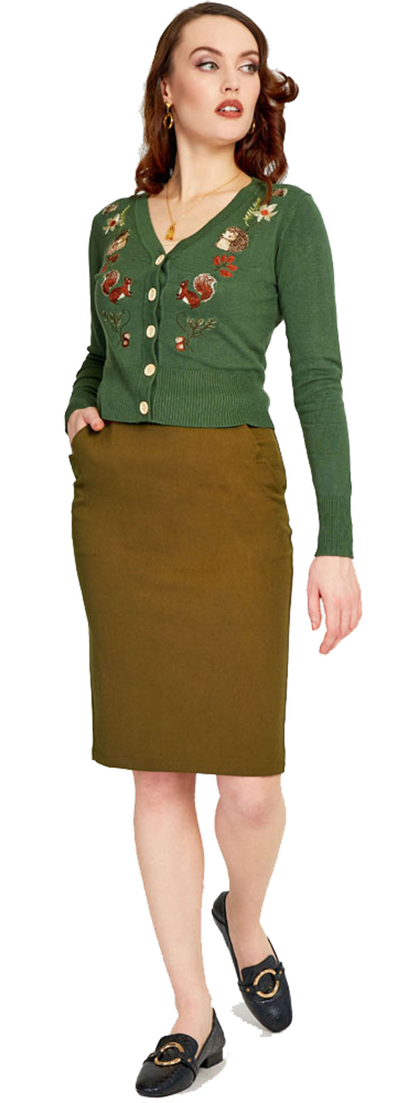 Voodoo_Vixen_AUTUMN_WOODLAND_Knit_50s_Eichhoernchen_V-Ausschnitt_CARDIGAN_Strickjacke_-_Dunkelgruen-3