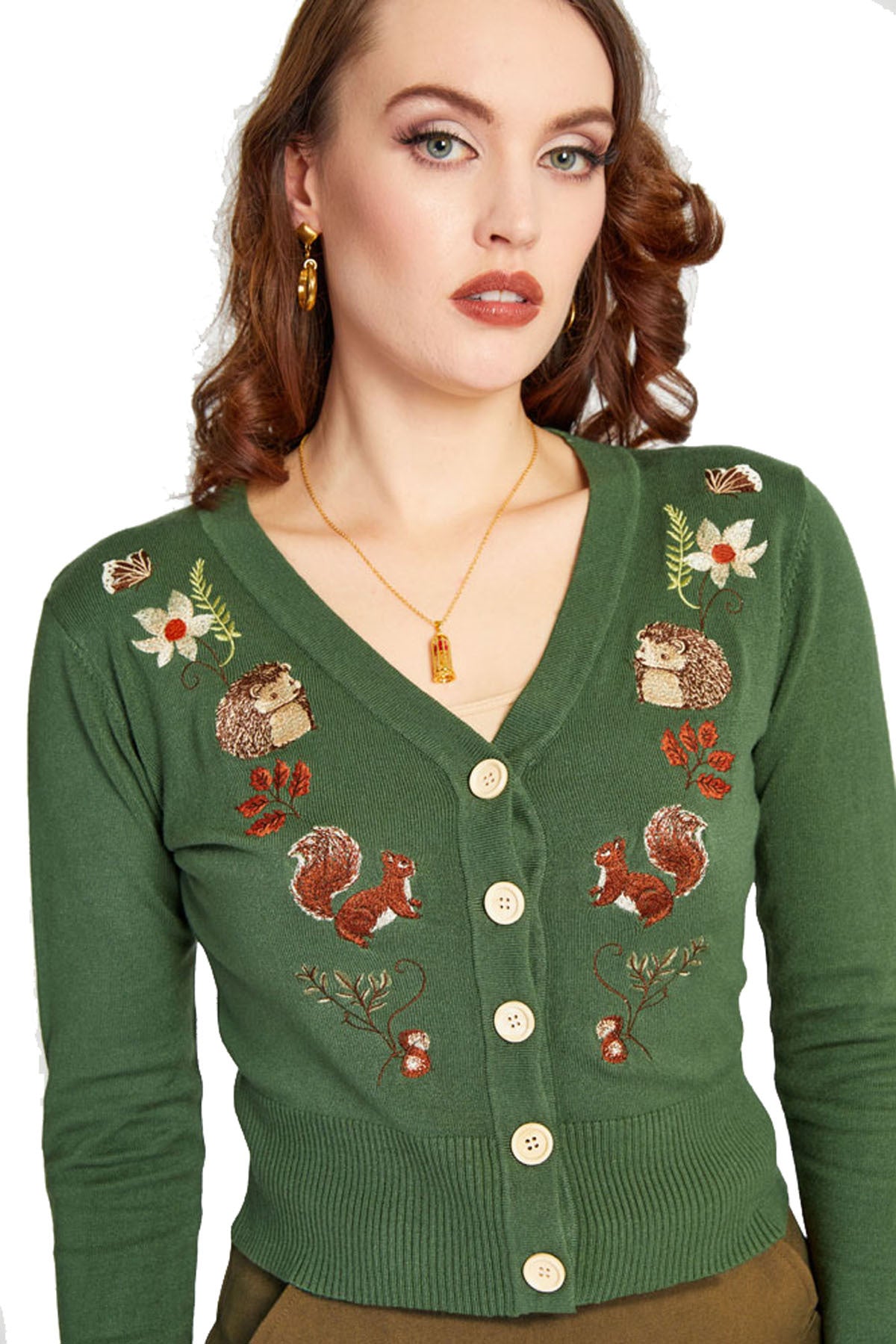Voodoo_Vixen_AUTUMN_WOODLAND_Knit_50s_Eichhoernchen_V-Ausschnitt_CARDIGAN_Strickjacke_-_Dunkelgruen-4